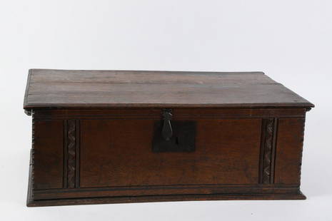 Pilgrim Century Chip Carved Oak Bible Box: Circa 1700. Wrought iron strap hinges and lock. Carved oak 9 ¼ x 26 x 17 inches