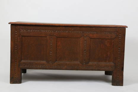 Pilgrim Century Chip Carved Oak Chest: (Mid 17th c) Original lid and surface, (3) panel front. 25 x 47 ½ x 19 ½ inches. Provenance: Newell Farm, West Newbury, MA