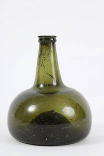 Olive Green Bulbous Glass Bottle: 6 ½ inches