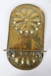 Hand Chased & Tooled Brass Utensil Holder: Wall mounted 11 x 6 inches