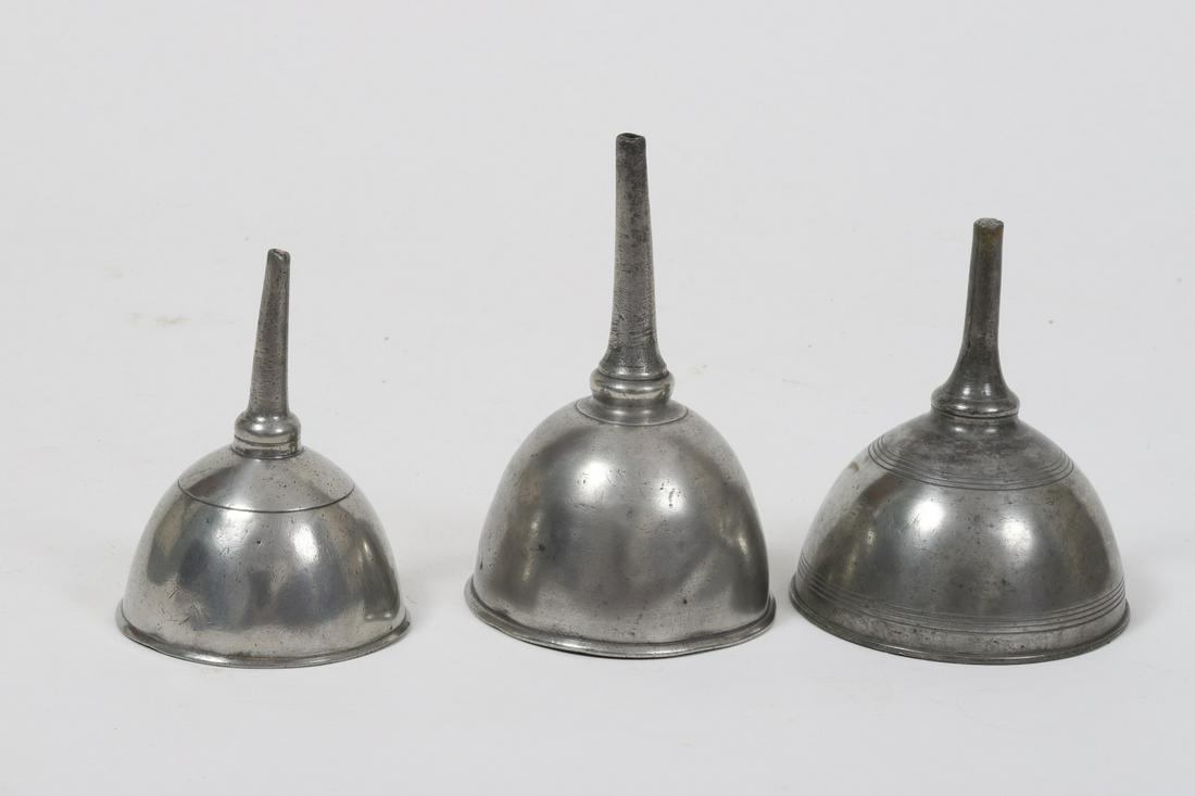 (3) Pewter Wine Funnels: (1) having a strainer. Unmarked. 7 ¾ inches (and under)