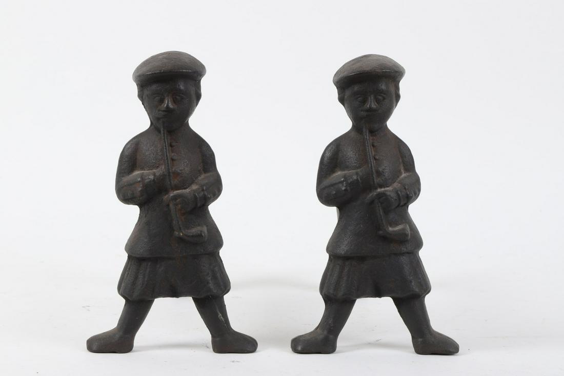 Rare Pair of Scotchmen Andirons: Puddle cast iron. 11 ½ inches