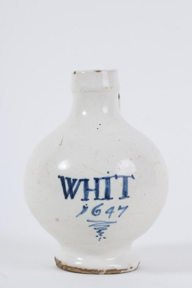 White Glazed Stoneware Jug Dated Whit 1647: Extremely rare glazed stoneware decorated with cobalt Whit 1647. 6 inches