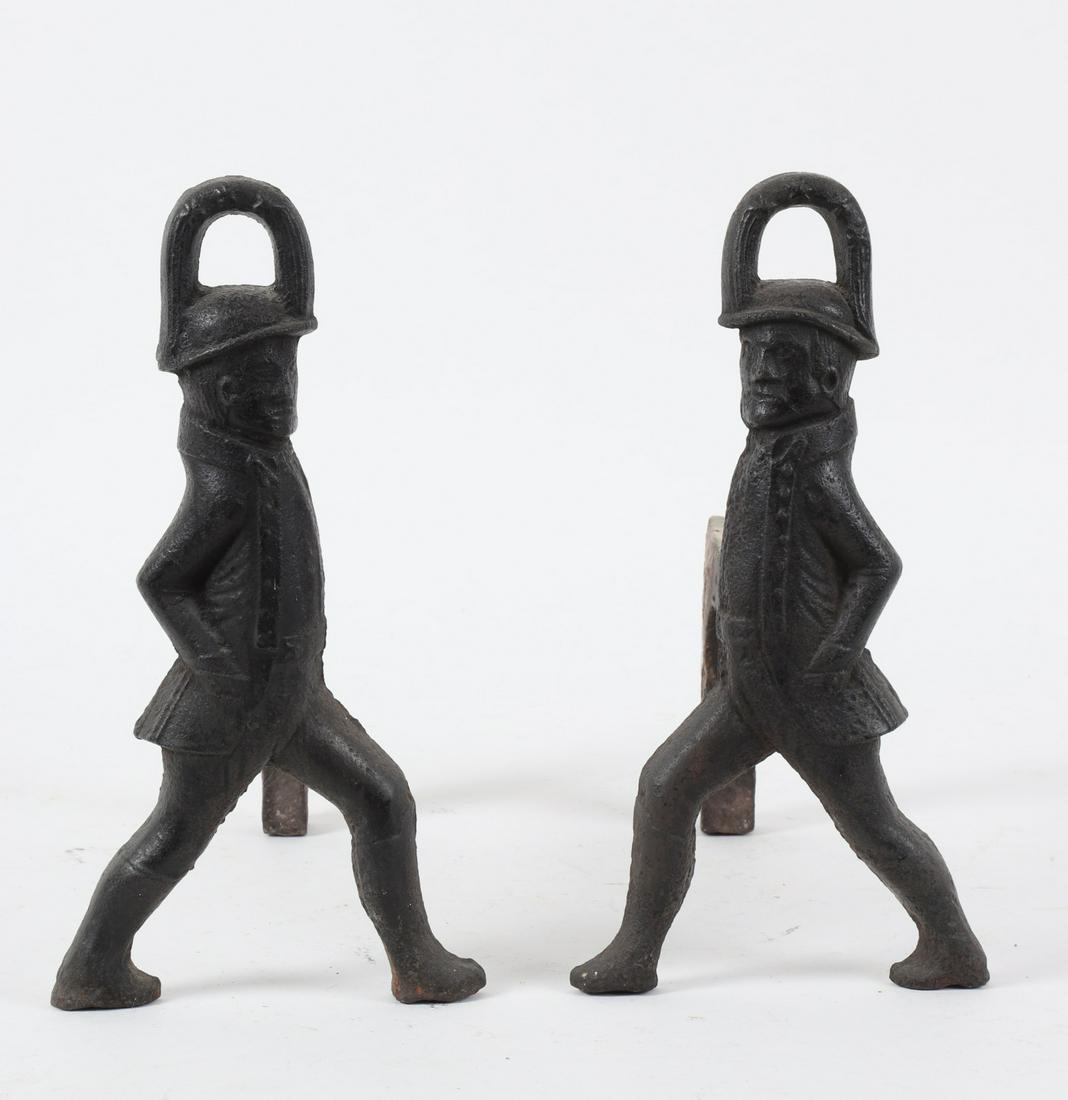 Pair of (18th / 19th c) Soldier Andirons: Puddle cast iron. 12 ¼ x 6 ½ x 13 inches