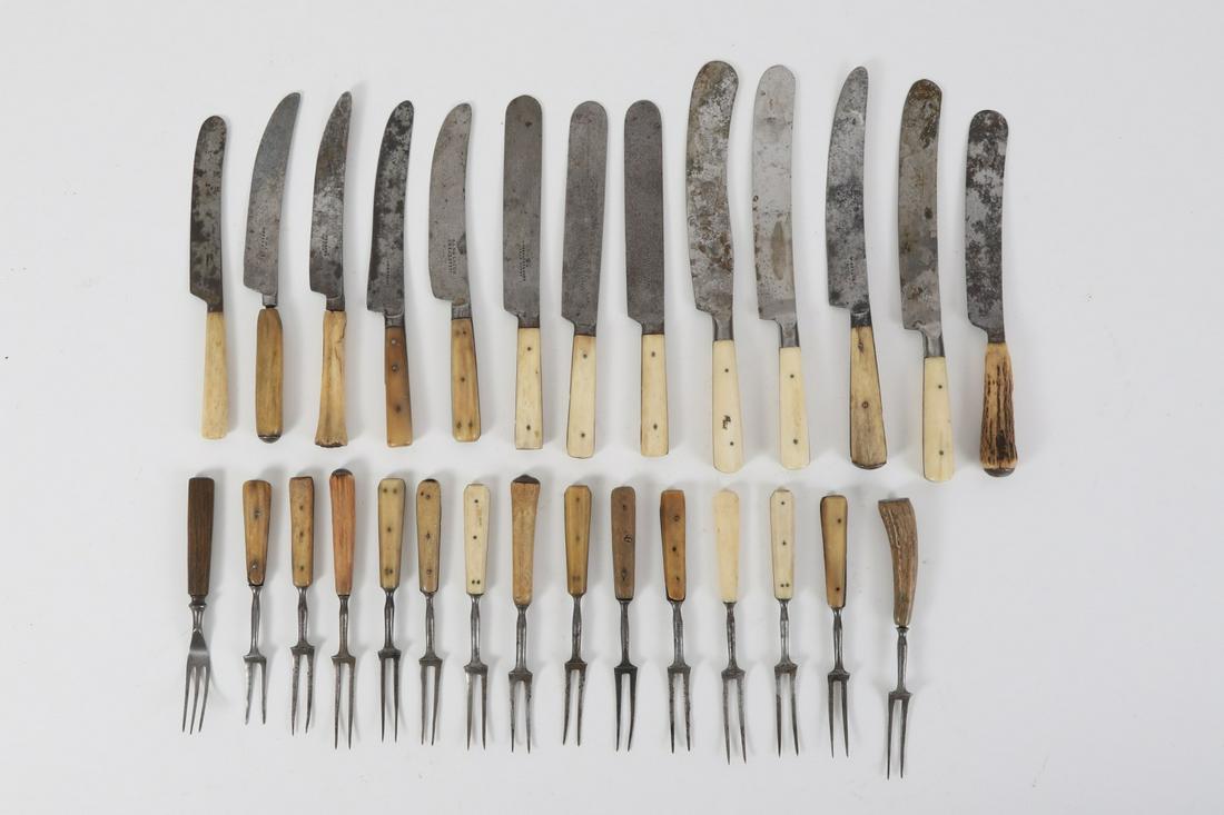 Lot of Bone Knives and Forks: Morray, Sanderson and Various Makers. 10 ½ inches (and under)