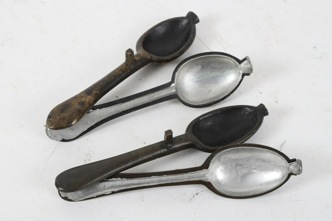 (2) (18th c) Bronze Rat Tail Spoon Molds: Each with a recent pewter casting. 7 ¾ and 8 inches