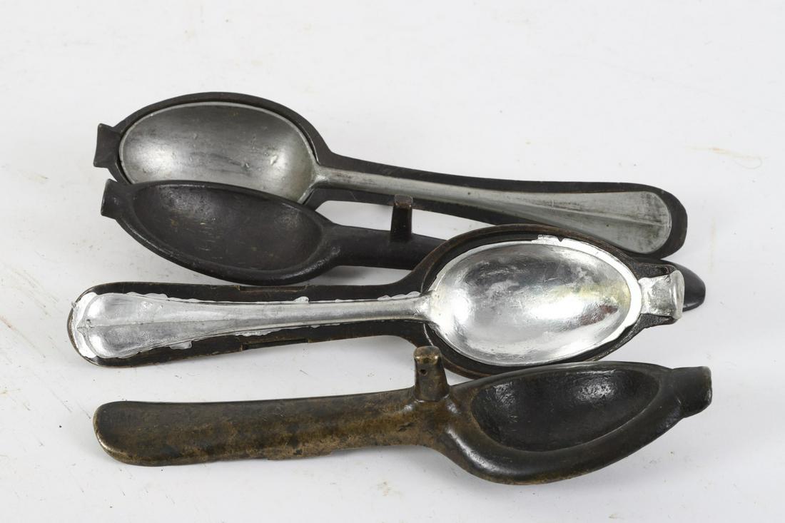 (2) (18th c) Bronze Rat Tail Spoon Molds: Each with a recent pewter casting. 7 ¾ and 8 inches 8 and 8 ¼ inches