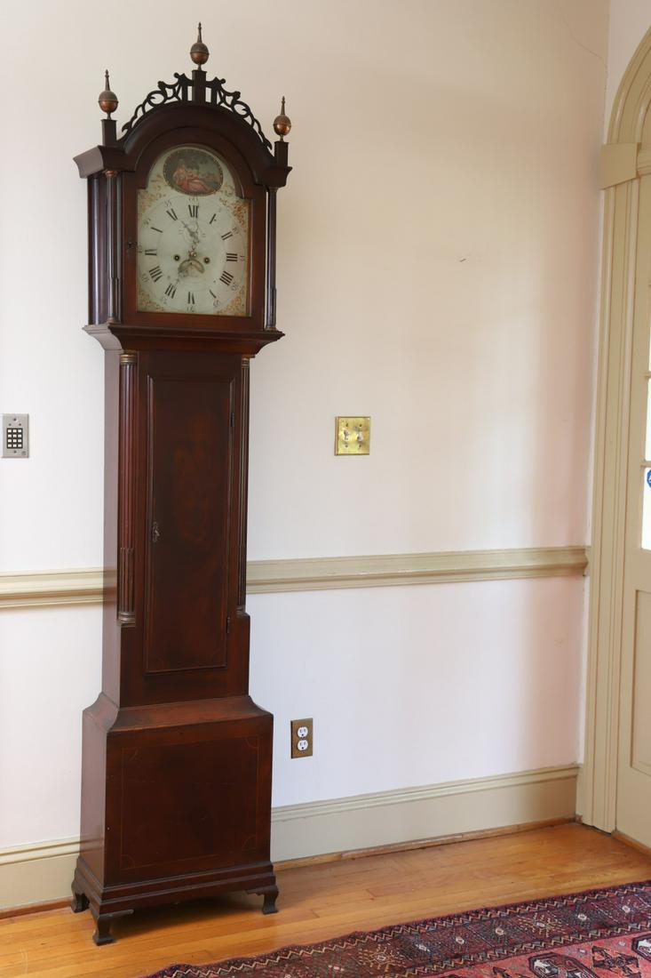 Gardner Parkes Mahogany Tall Case Clock: Wonderful color and patina, original spun brass finials, pierced fret, nicely painted dial with cartouche of reclining woman with basket of flowers, gild spandrels , chiming movement, quarter columns 