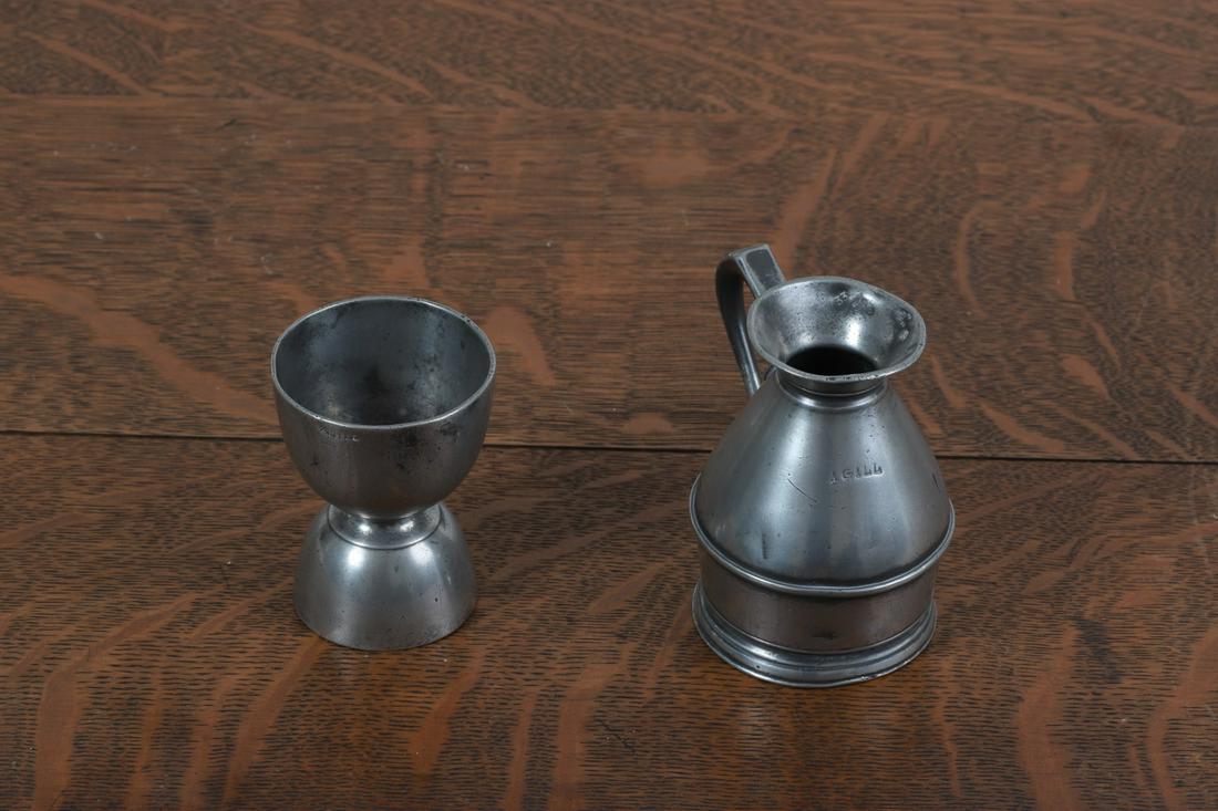 Double Whiskey Measure & Irish (1) Gill Measure: Jigger unmarked, measure stamped under base.