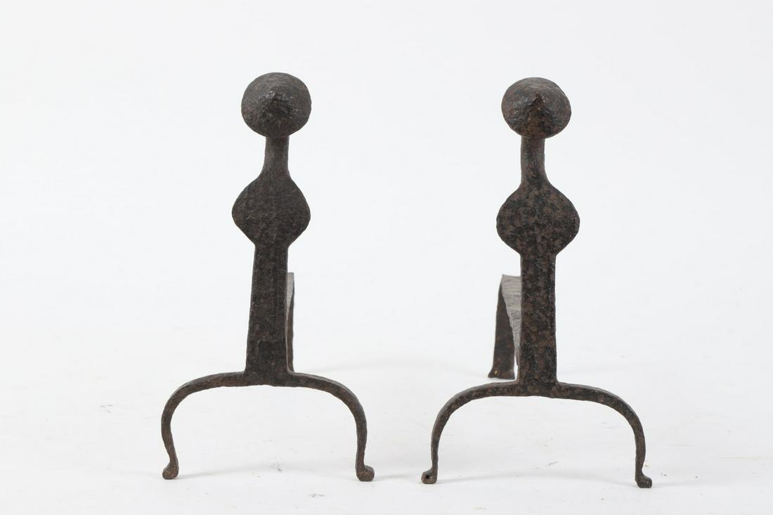 Pair of (18thc) Hand-Wrought Knife Blade Andirons: Cone finials. 10 x 5 ½ x 13 inches