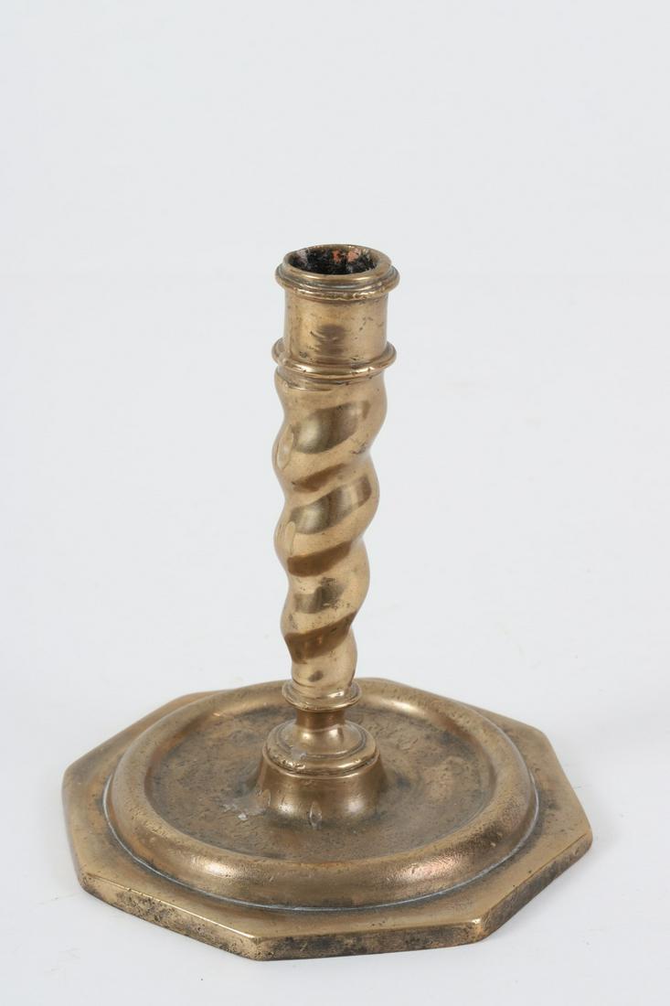 (17th c) Bell Metal Candlestick: Spiral twist style and octagonal foot. 6 inches