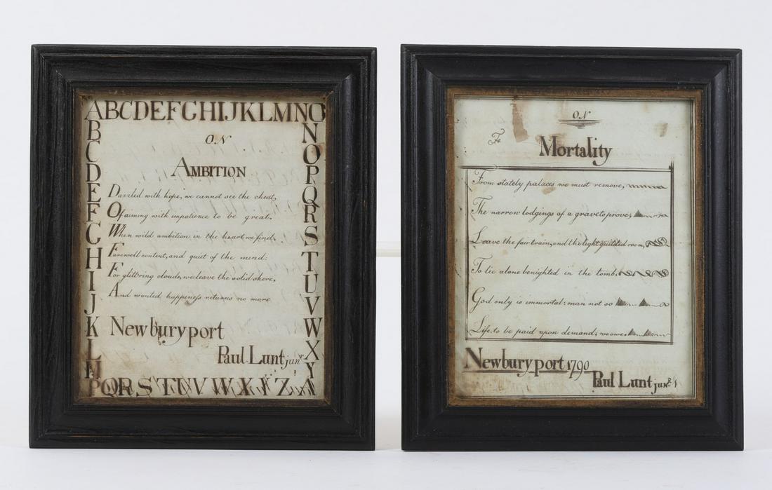 (2) School Boy Penmanship Samples 1790: “Mortality” and “Ambition” Paul Lunt, Jr. Newburyport 1790. 9 ½ x 8 inches (including Perry Hoff custom frames)