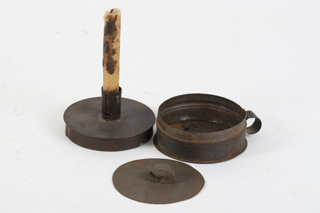(18th c) Tinderbox with Finger Lamp: Exterior candle socket and finger loop. Top opens to removable cover, flint and strike.