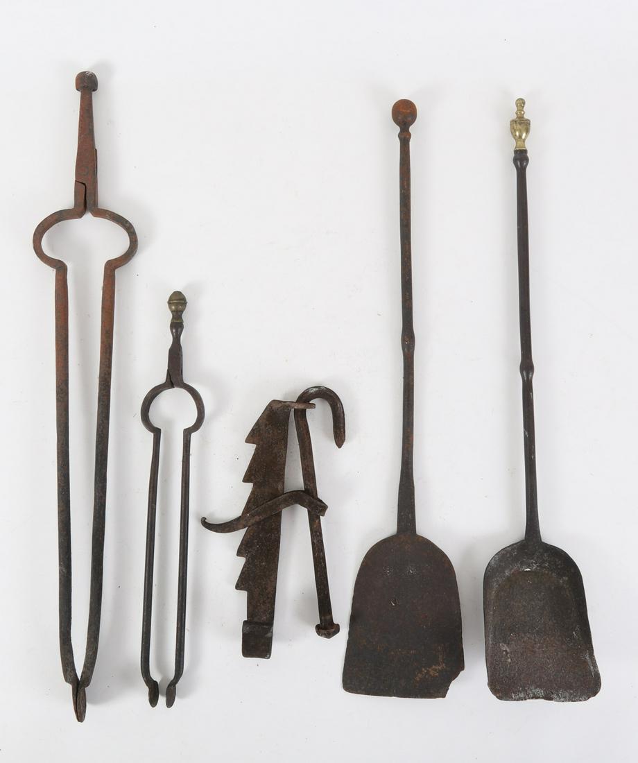 (5) Wrought Iron Hearth Tools: Including: Peel, shovel with urn form brass handle, (2) pair of ember tongs and a heavy mini trammel. =