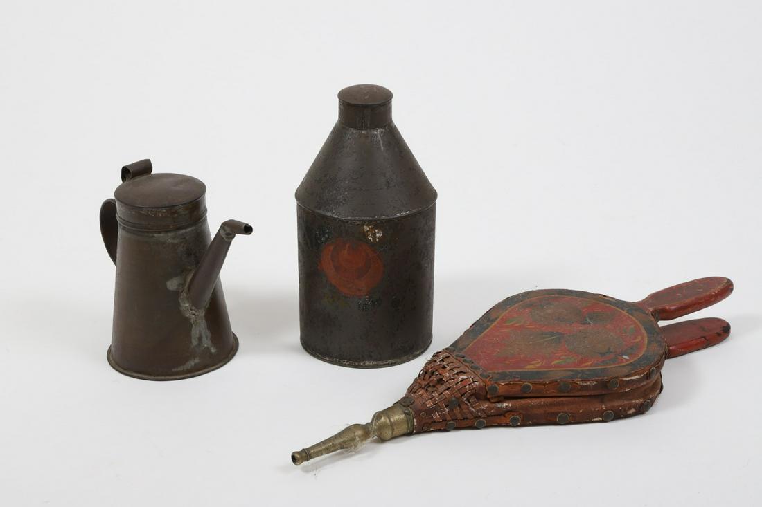 Tin Canister, Cooking Oil Can and Bellows: Nicely stenciled Hitchcock period bellows, finely formed can. 15 inches (and under)
