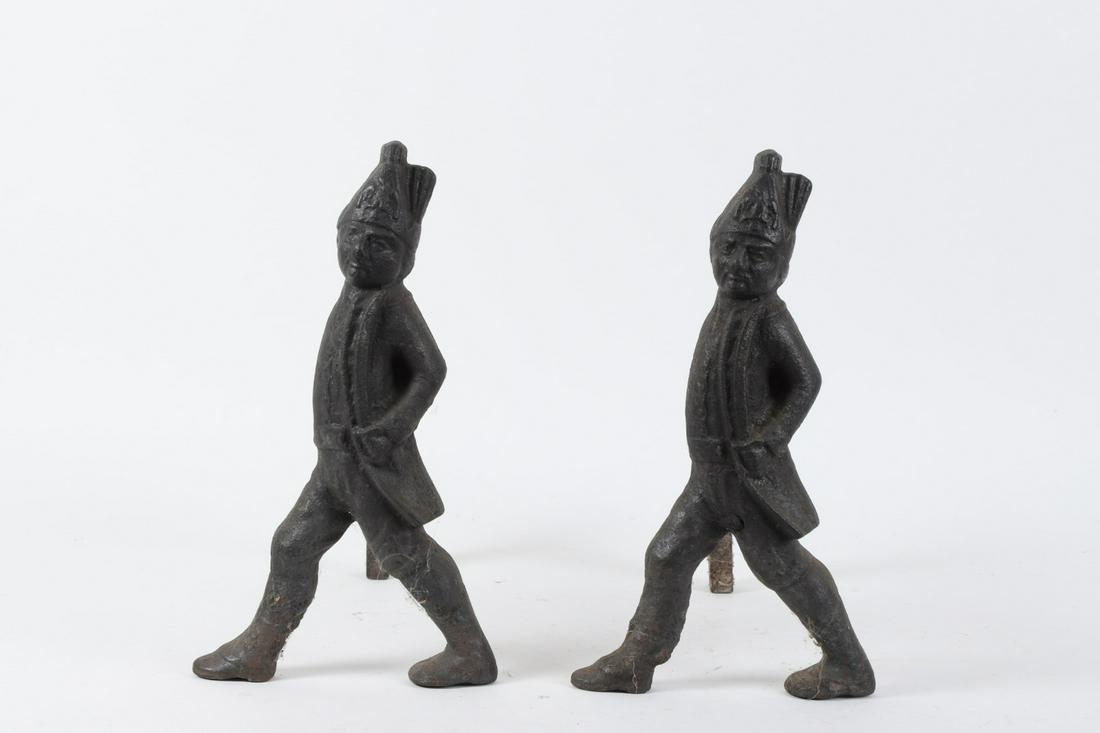 Pair of (18th c) Puddle Cast Hessian Andirons: 17 x 9 ½ x 16 inches