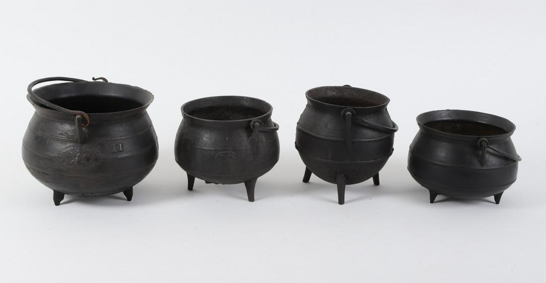 (4) Cast Iron Kettles: Swing handles and tripod feet. 6 ½ x 8 inches (and smaller)