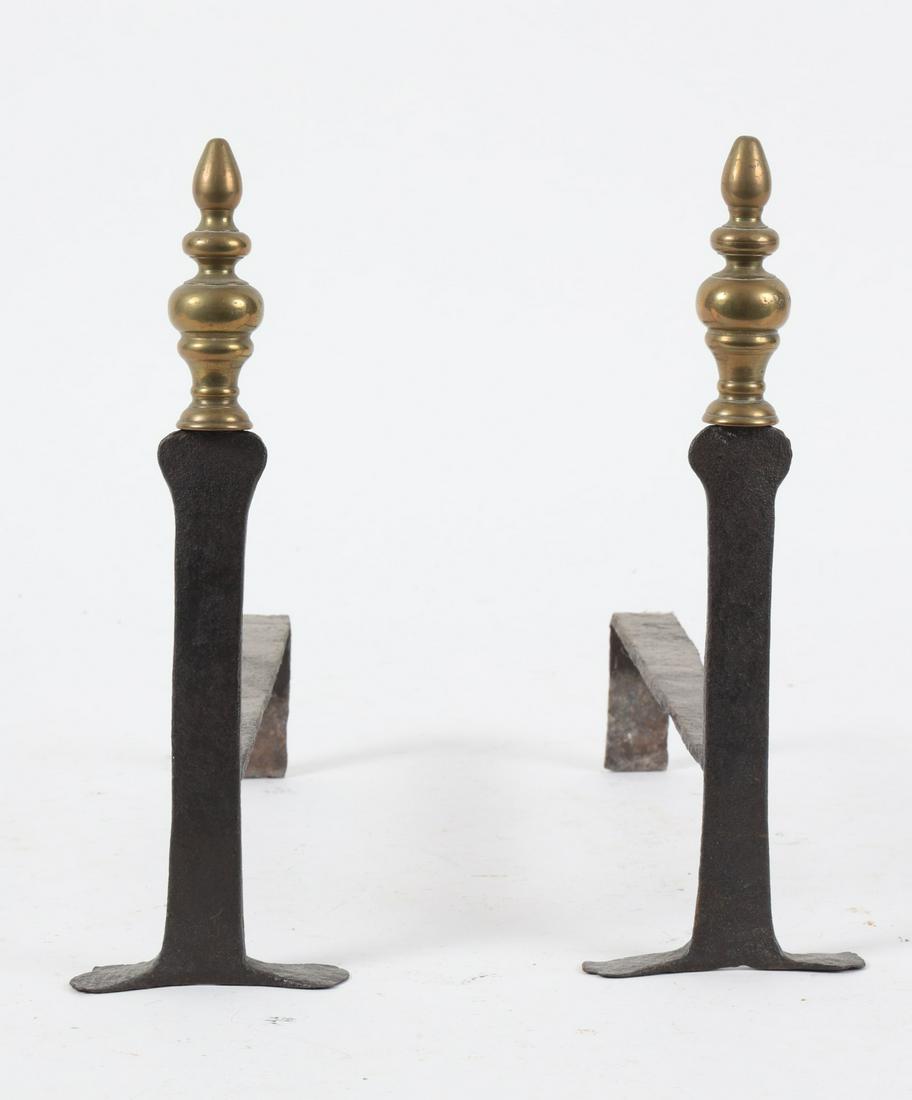 Pair of (18th c) Diminutive Knife Blade Andirons: Turned brass flame finials. 11 x 3 5/8 x 11 ½ inches