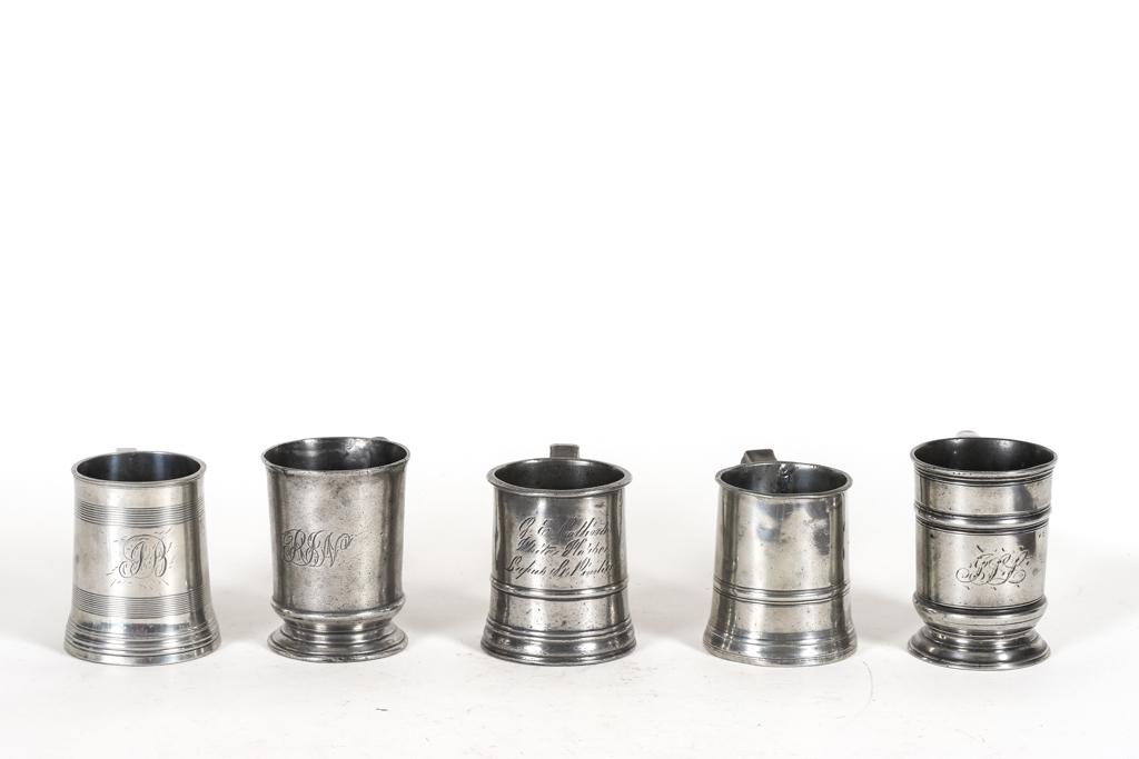 (5) One Pint Pewter Tavern Mugs: Including: James Yeats, Sanders & Sons and unmarked. 5 inches (and under)