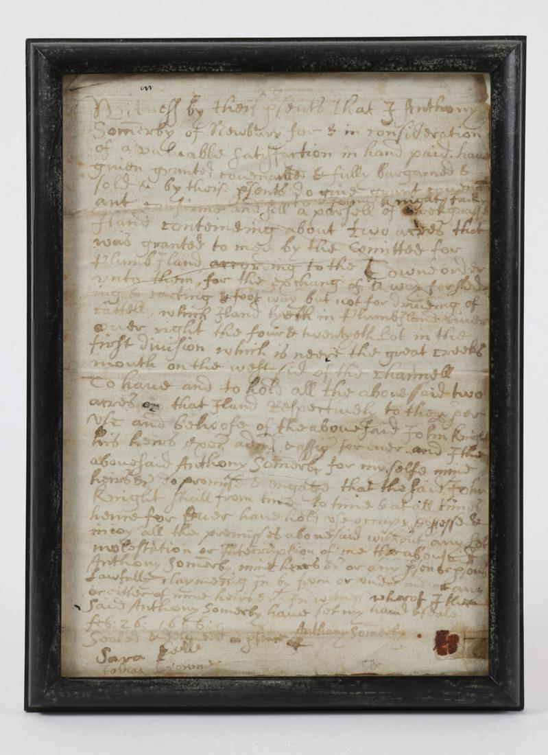 (17th c) Anthony Somerby Deed: 1666 Newbury. 9 ½ x 7 inches (framed)