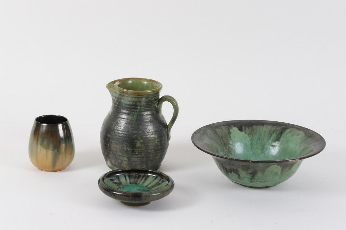 (4) Pieces of Fulper Pottery: Including: flared bowl, pitcher, small dish and cup. 6 ½ inches (tall and under). Bowl 9 ½ inches (diameter)