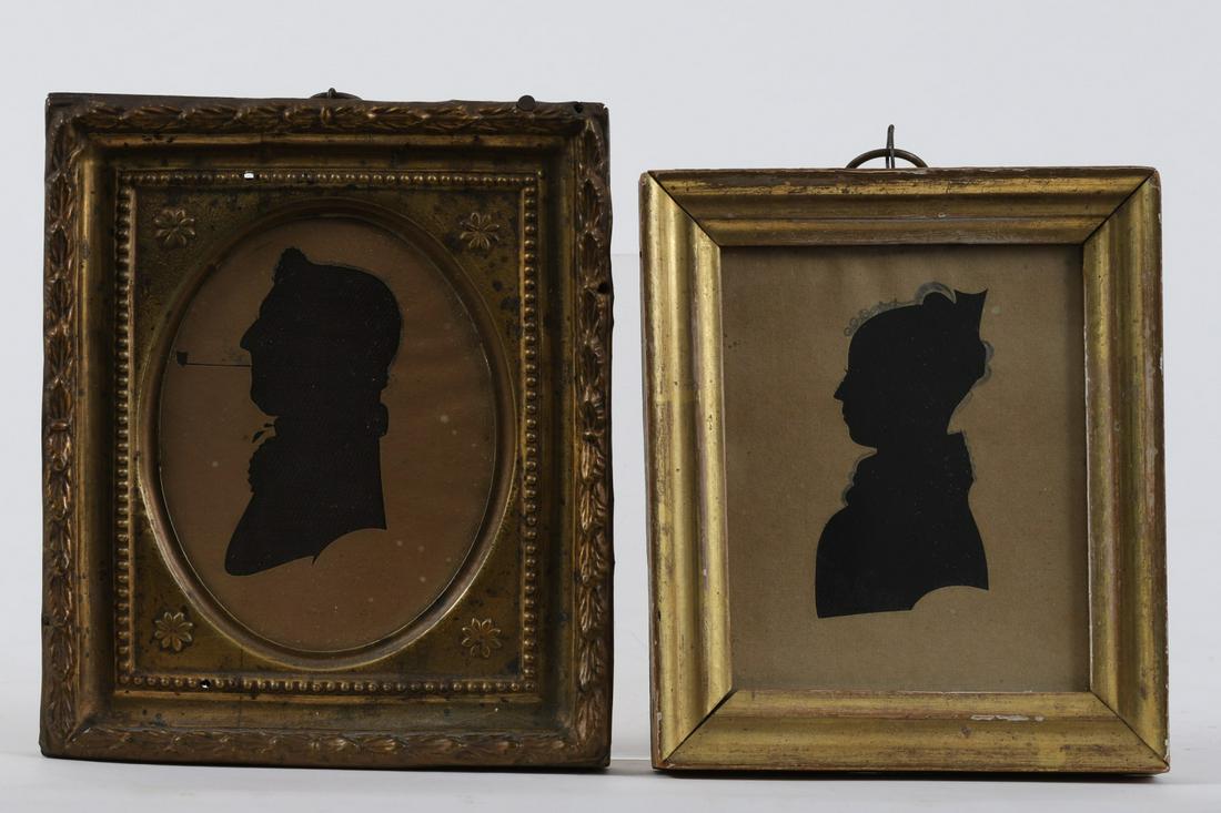 Silhouette of a Man with Pipe & Lucy Hale: Early silhouette with pressed brass frame and cut pipe. Together with Lucy Hale (1810-1837) of Newbury MA. 5 ¼ x 4 ½ inches (and slightly smaller)