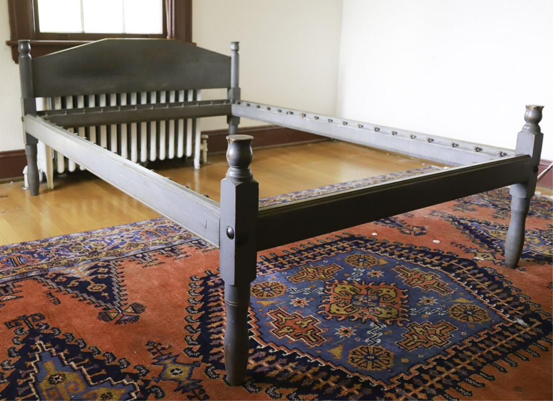 Early Rope Bed in Grey Paint: Early grayish blue paint. 24 x 53 x 77 inches