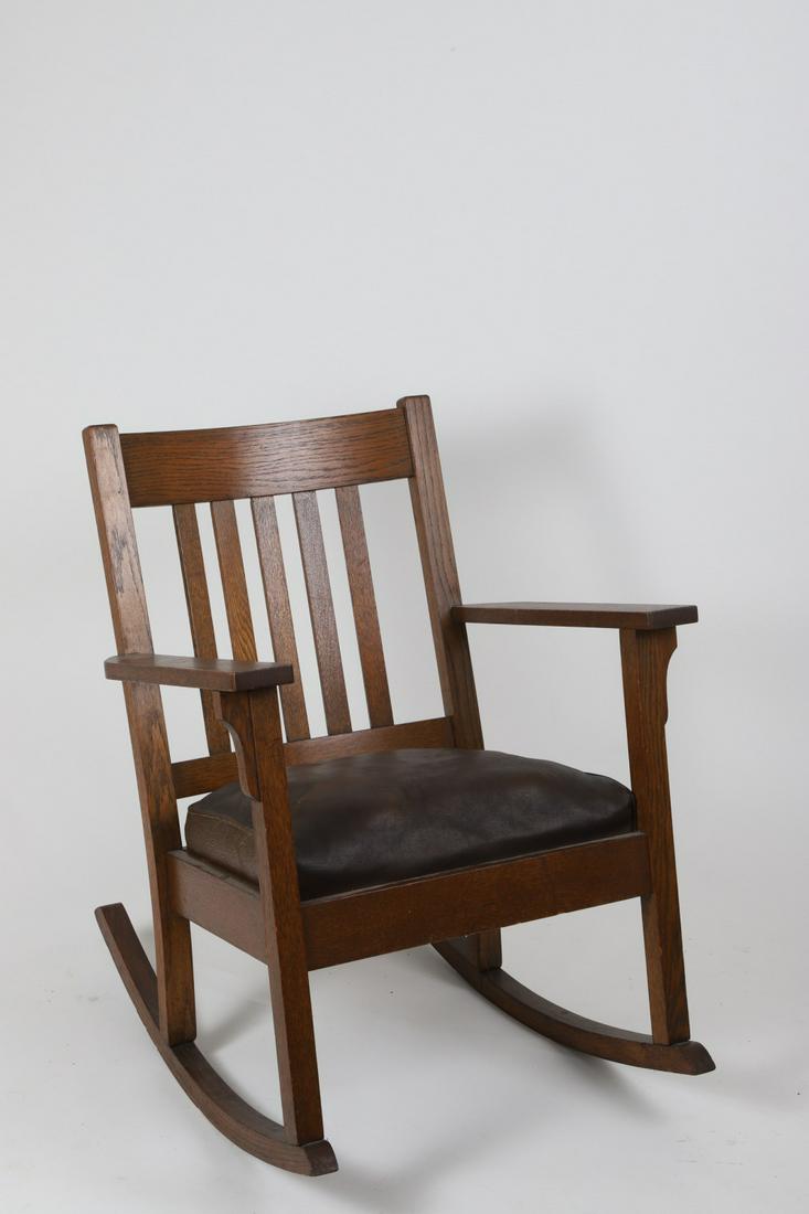 Mission Oak Upholstered Rocking Chair: Unmarked. 32 x 24 x 32 inches