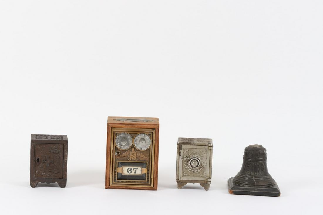 (4) Still Banks: Including: Ideal Deposit, Liberty Bell, Iron safe with cross and a US Mail Box turned into a bank. 6 inches (and under)