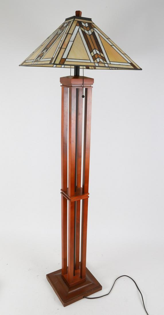 Frank Lloyd Wright Reproduction Floor Lamp: (Late 20th c) Cherry and stained glass shade. 61 x 17 x 17 inches