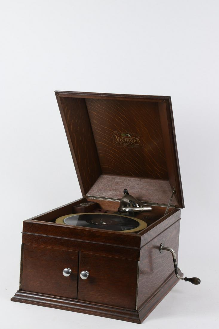 Victor Record Player in Oak Case: Victrola Model VV1X with detached reproducer. Oak case. 13 ½ x 16 x 19 ½ inches