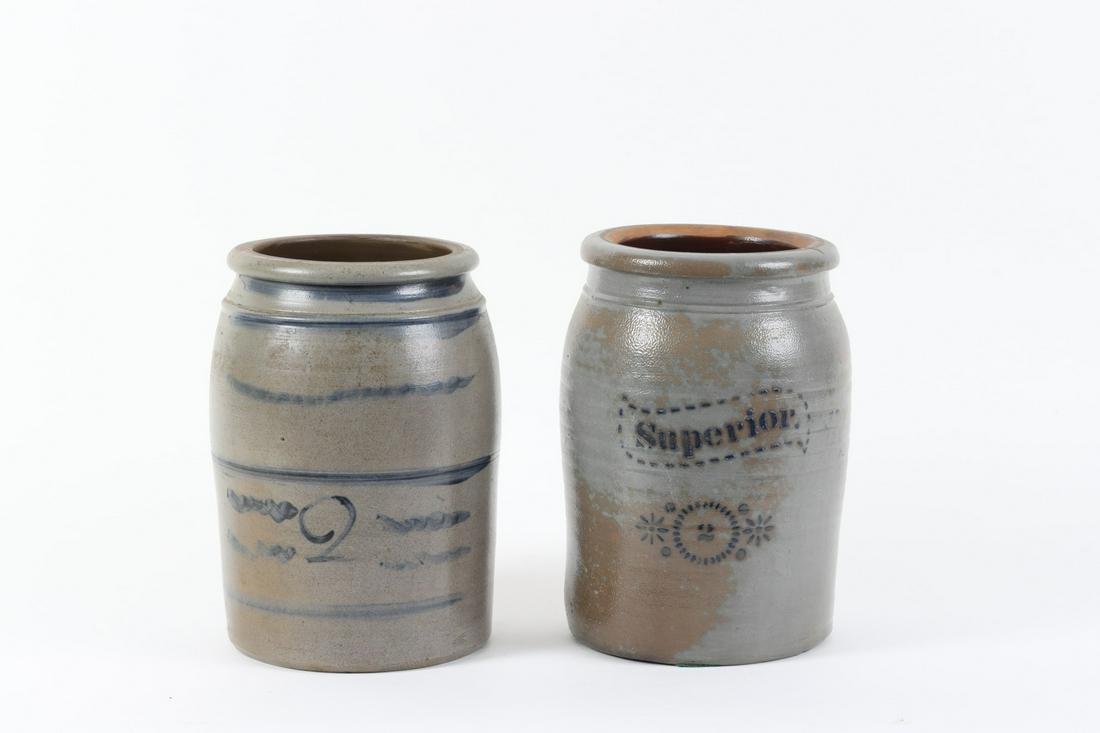 (2) Salt-glazed Stoneware Wide Mouth Jars: (2) Gallons each. Decorated with “Superior” stencil and free hand horizontal lines. 12 inches (approx)