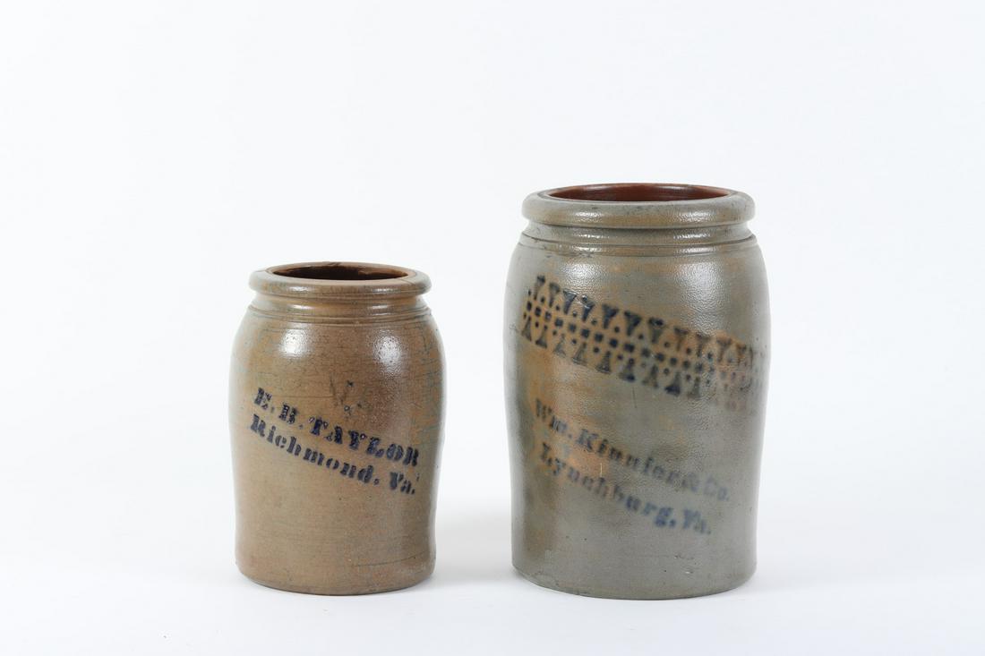 (2) Virginia Salt-glazed Stoneware Wide Mouth Jars: Stenciled E.B. Taylor Richmond VA and Wm Kinnier & Co Lynchburg. 12 and 9 ½ inches