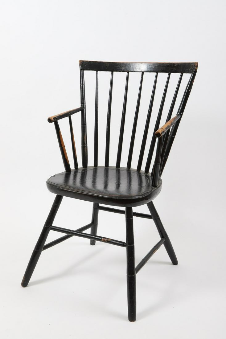 (19th c) Windsor Armchair in Black Paint: Bamboo turnings and straight crest rail. 16 ½ inch seat, 33 ½ x 20 x 18 inches