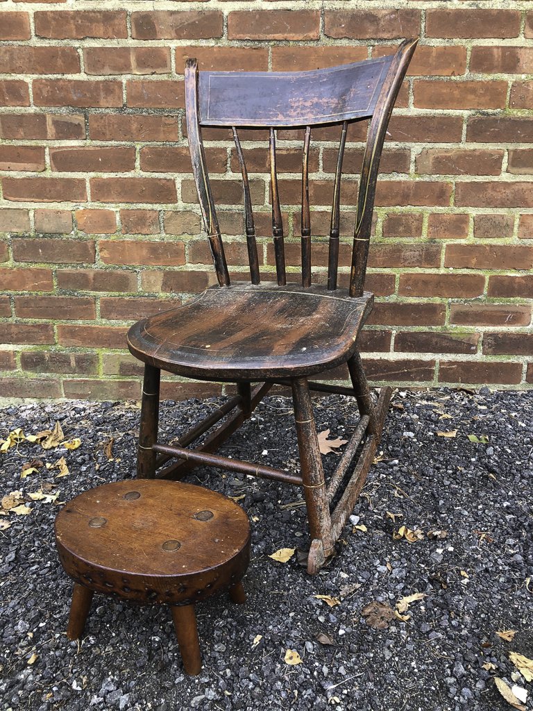 Grained Thumb Back Windsor Rocker & Cricket: Bamboo turnings. Cricket / stool with through tenon construction. 13 ½ inch seat. 30 x 17 x 18 inches