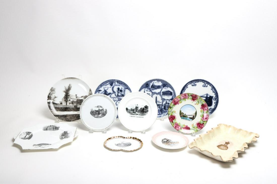 (11) Pieces of Newburyport Souvenir China: Including: Chain bridge, hand painted Spencer Pierce Little Farm, Coffin House, Civil War Memorial, Garrison Inn , Wolf Tavern, Waterfront etc.