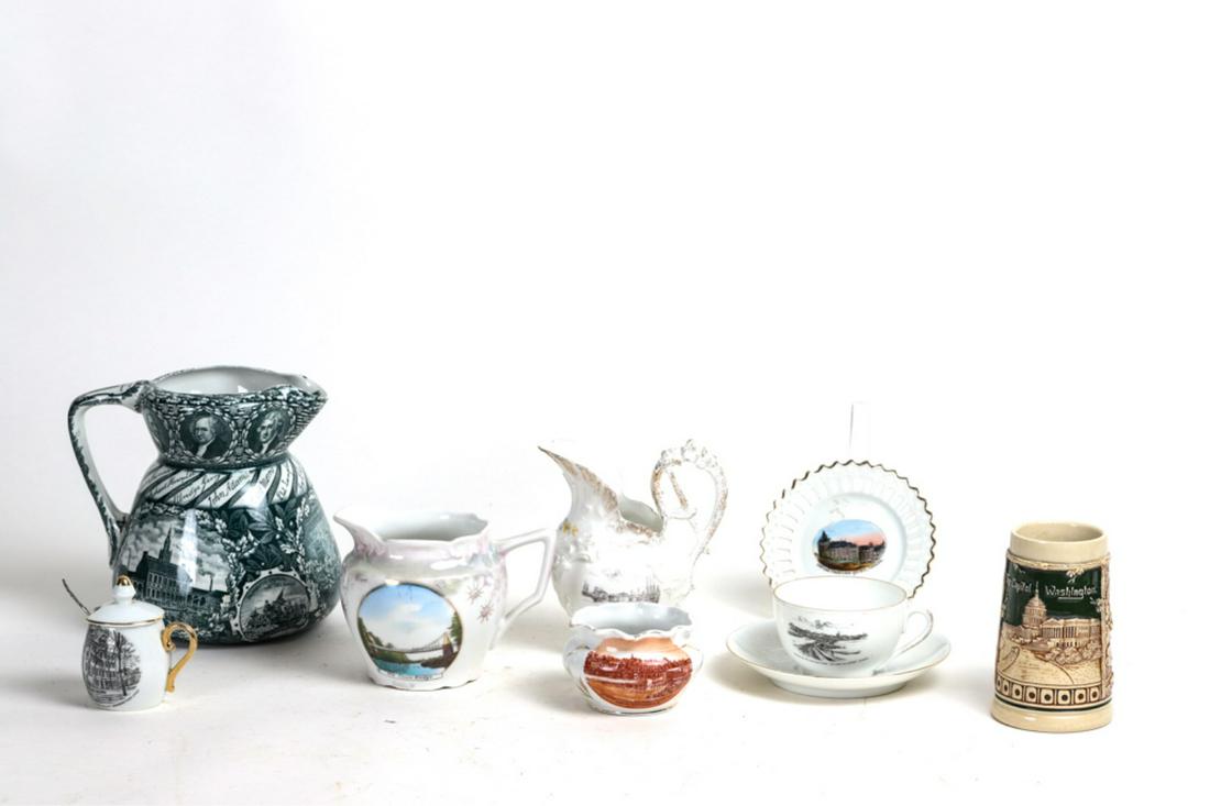 (9) Pieces of Souvenir China and Chain Bridge Spoon: Including: Newburyport Cup and Saucer. Chain Bridge Pitcher, Independence Hall Pitcher, Quebec Tray, Nantucket, Boston, (4) Harper's Ferry and Lamberton George Washington, US Capitol Mug and Calais Ma