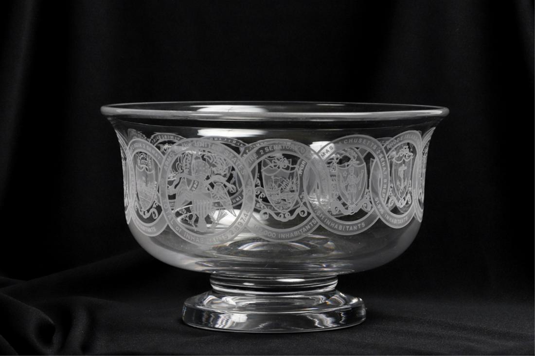 J.C. Caldwell Commemorative Crystal Punch Bowl: Engraved with the Arms of the United States and the seals of the original (13) colonies and the number of their inhabitants. 6 ½ x 9 ¾ inches