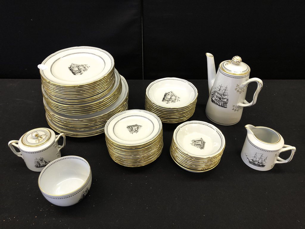 FINE STONE SPODE TRADE WINDS BLACK TABLEWARE: Including: (3) Piece tea set, (1) Waste bowl, (11) Dinner plates, (12) Salad plates, (6) Soup bowls, (10) bowls, (10 Smaller bowls and (18) Bread plates