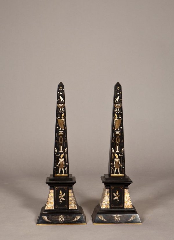 Pair of French 19th century Egyptian form marble o: Pair of French 19th century Egyptian form marble oblesks with detailed design. Height: 20 in.