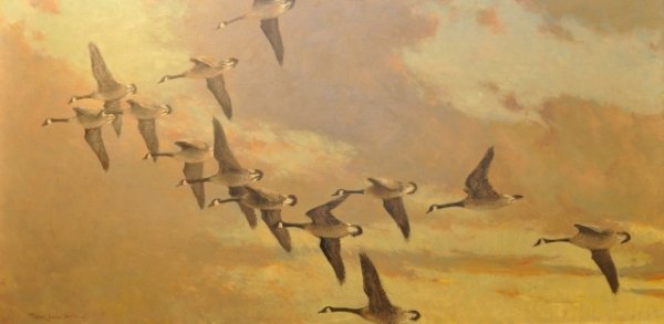 Frank Vining Smith, American (1879-1967) Geese ov: Frank Vining Smith, American (1879-1967) Geese over marshes at dusk, signed Frank Vining Smith, L.L. Oil on board, 24 1/4 in. X 48 in. framed and signed Florida seascape with gallion verso
