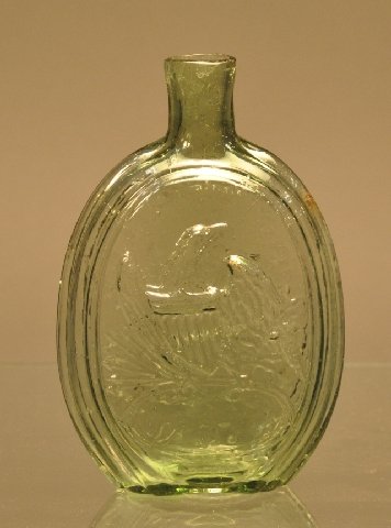 Eagle and elk double sided pale green color flask : Eagle and elk double sided pale green color flask Coffin & Hay Hammonton. Height: 5 1/2 in.