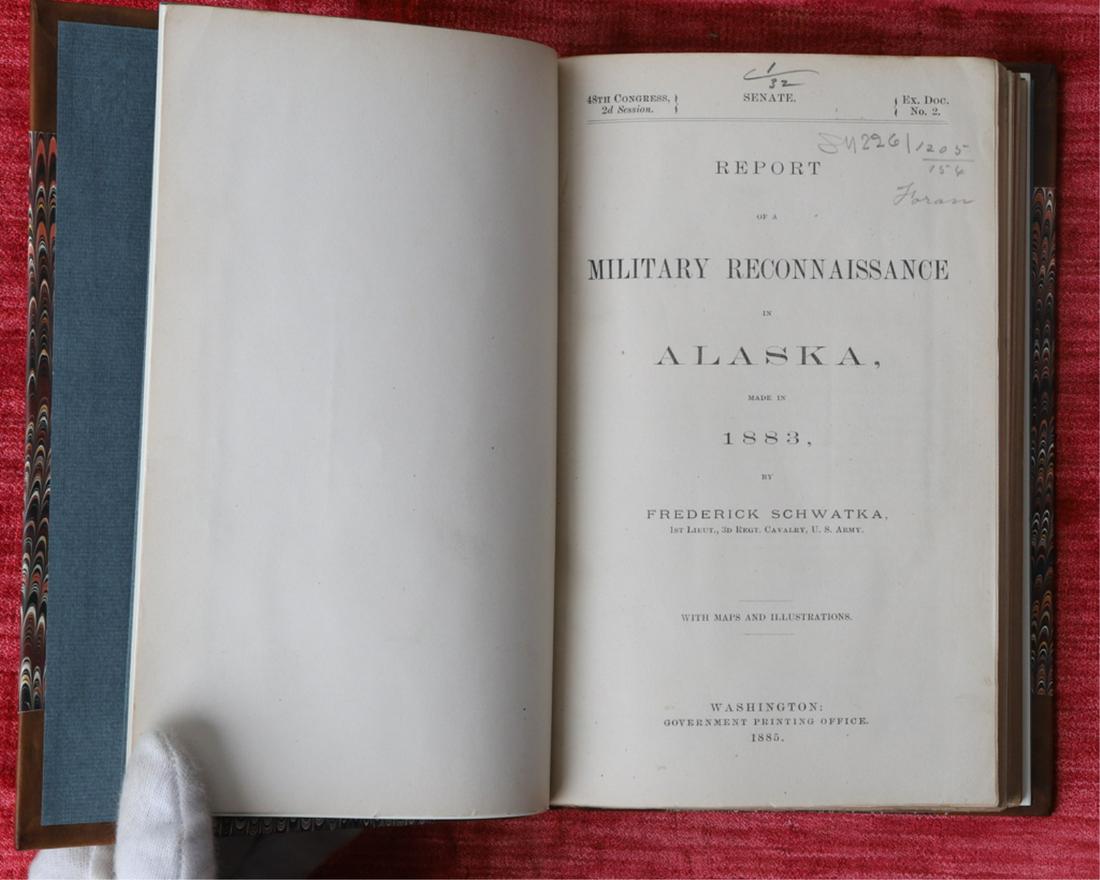 FREDERICK SCHWATKA "ALASKA MILITARY RECON" 1885: Washington. Government Printing Office. 1885. hardcover 3/4 leather bound. 9 x 6 inches.
