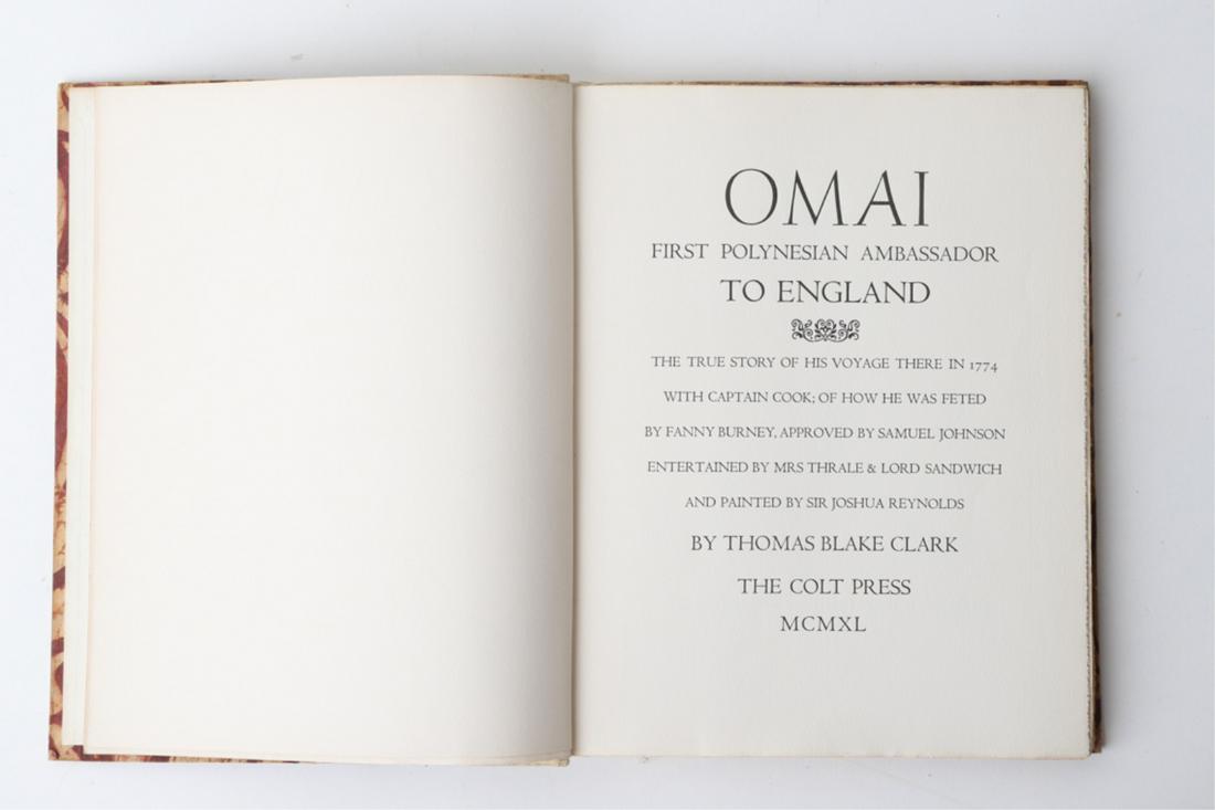 OMAI FIRST POLYNESIAN AMBASSADOR TO ENGLAND 1940: Thomas Blake Clark. San Francisco. Colt Press. 1940. hardcover. 1/2 clot30h bound. 10 x 8 inches