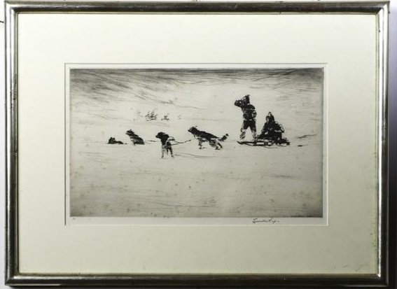 LEVON WEST (1900-1968): Sled Dog Team in a Blizzard etching. 8 1/2 x 14 3/4 inches (plate) signed. numbered 74. framed 16 x 22 inches (overall)