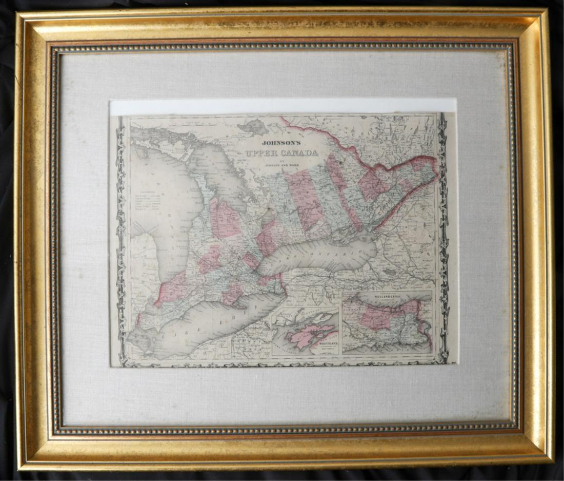 JOHNSON'S MAP OF UPPER CANADA: by Johnson and Ward. Including: Lakes Huron, Erie and Ontario. 12 x 16 inches. framed 21 x 25 inches (overall)