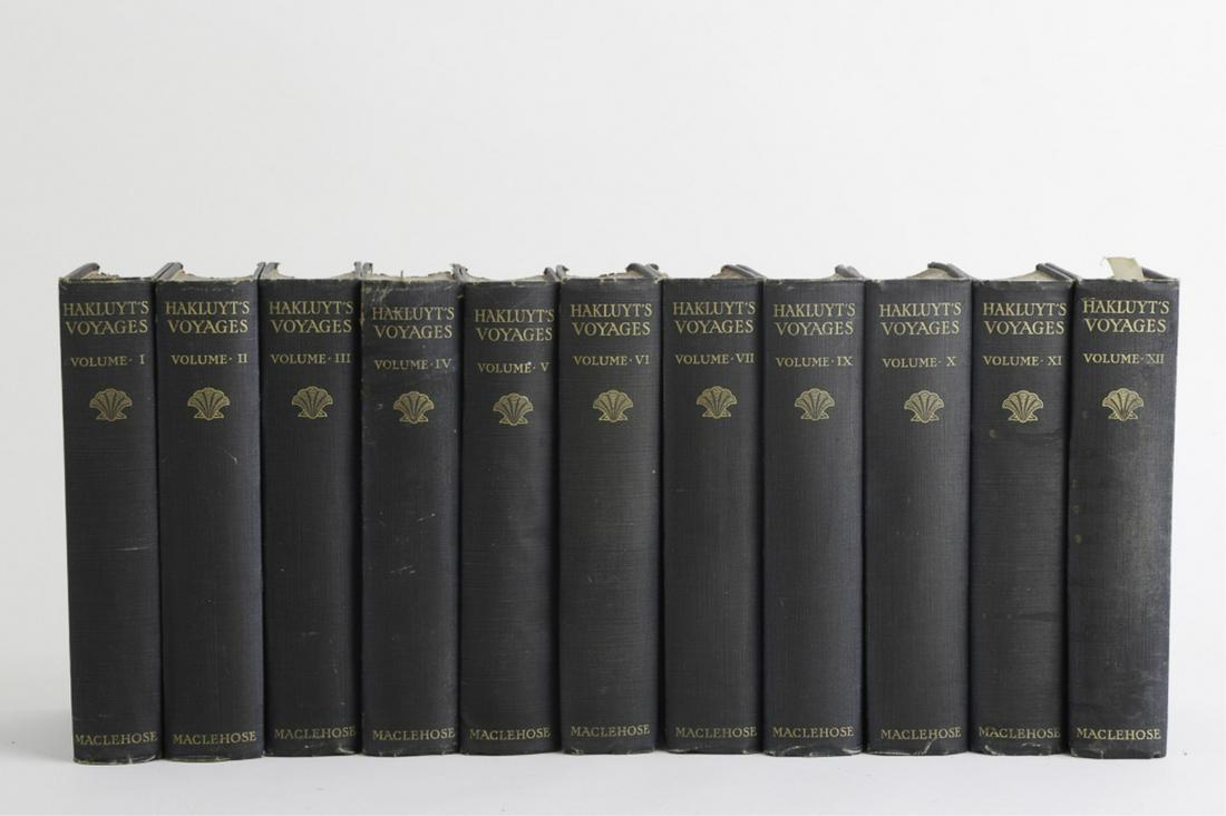 RICHARD HAKLUYT "NAVIGATIONS VOYAGES TRAFFIQUES": & Discoveries of the English Nation volumes 1-XII. illustrated. Glasgow. James MacLehose & Sons Hardcover clothbound. 1903. 9 x 6 inches