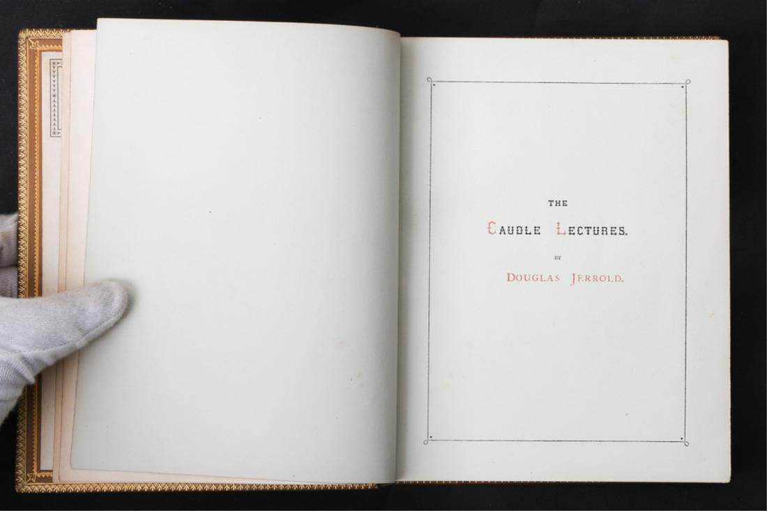 DOUGLAS JERROLD MRS. CAUDLE'S LECTURES 1866: Illustrated by Charles Keene. London, Bradbury, Evans & Co. 1866. Tipped in with letter to Tom Taylor signed by the author. hardcover leather bound 8 1/4 x 6 1/2 inches.