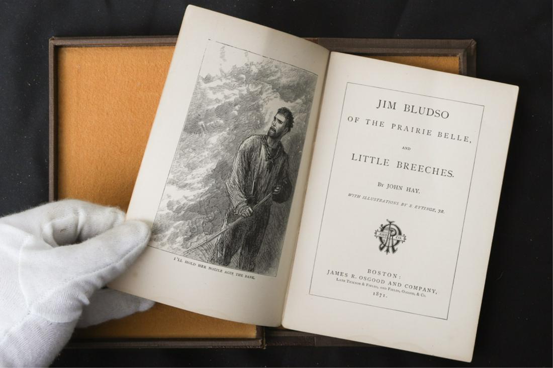 JOHN HAY "JIM BLUDSO & LITTLE BREECHES" 1871: Boston. James Osgood. soft cover saddle bound. 7 x 4 1/4 inches. Presented in a 1/2 leather clamshell case