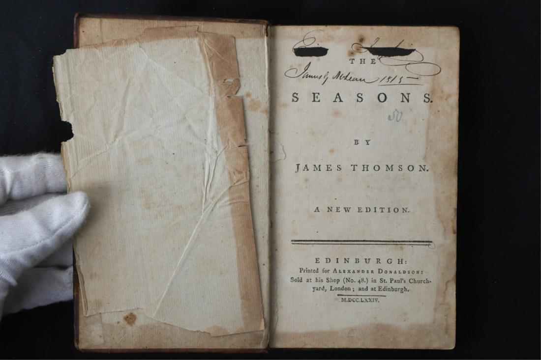 JAMES THOMSON "THE SEASONS" 1774: Edinburgh: Printed for Alexander Donaldson. hardcover leather bound. 7 x 4 1/2 inches
